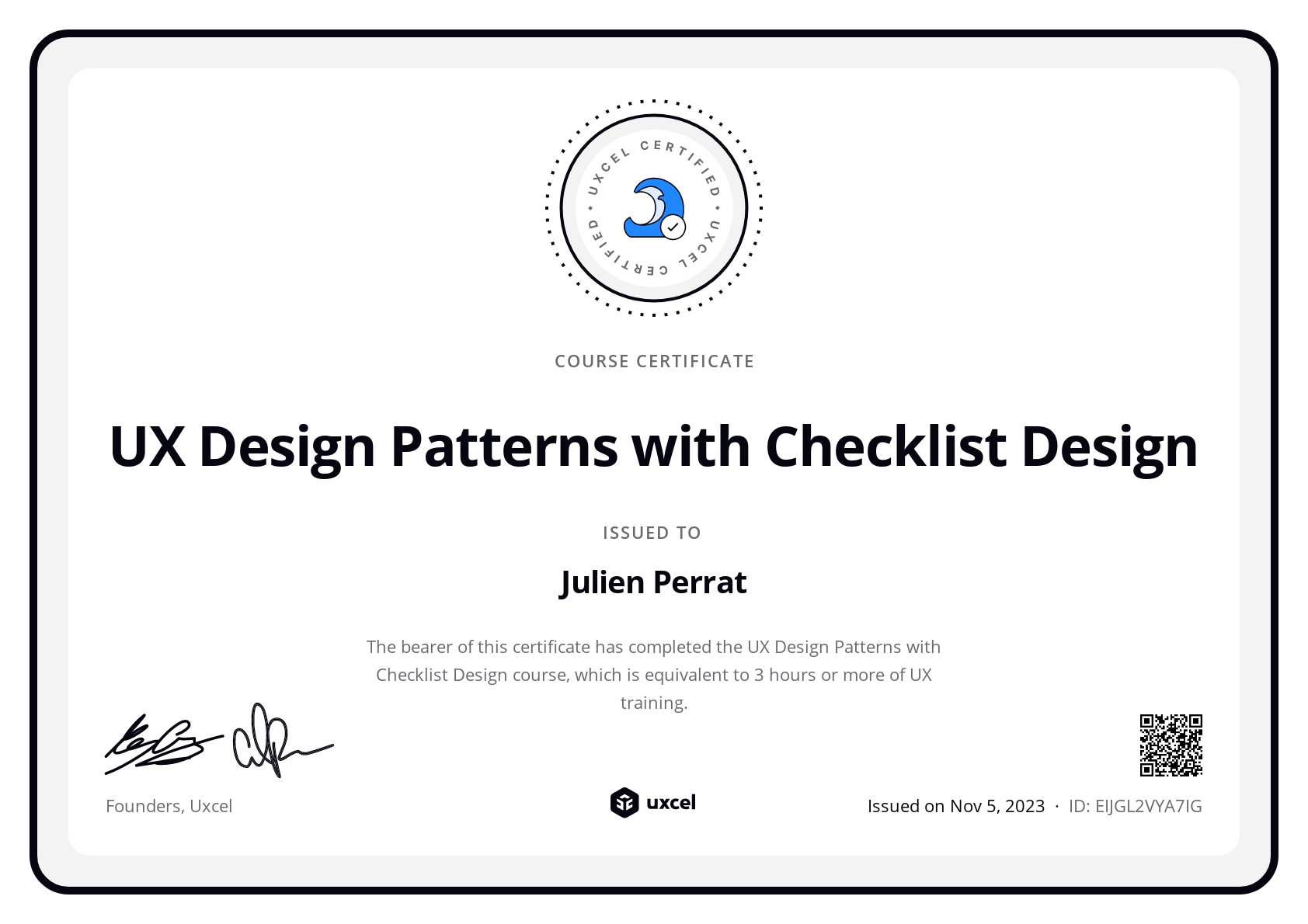 Julien Perrat's certificate